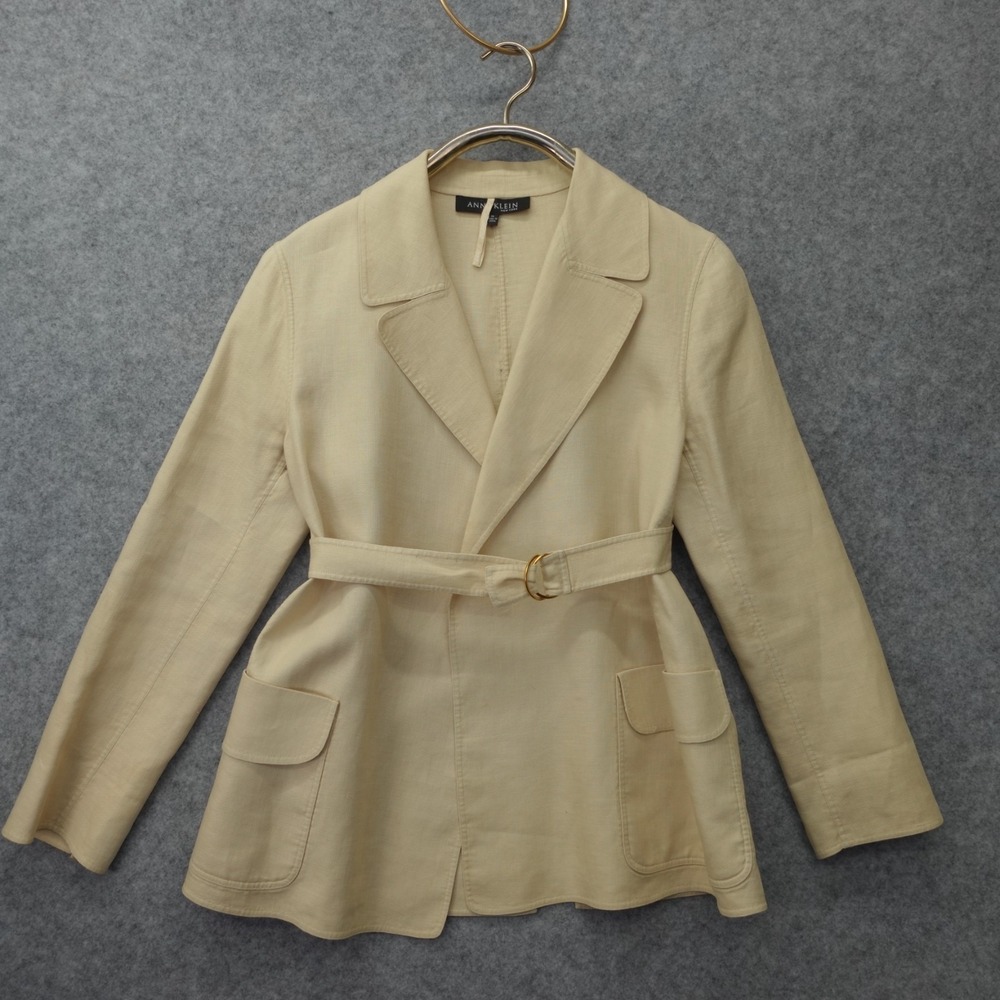 Linen Blazer Womens MEDIUM Butter Cream ANNE KLEIN Belted Career Jacket Summer